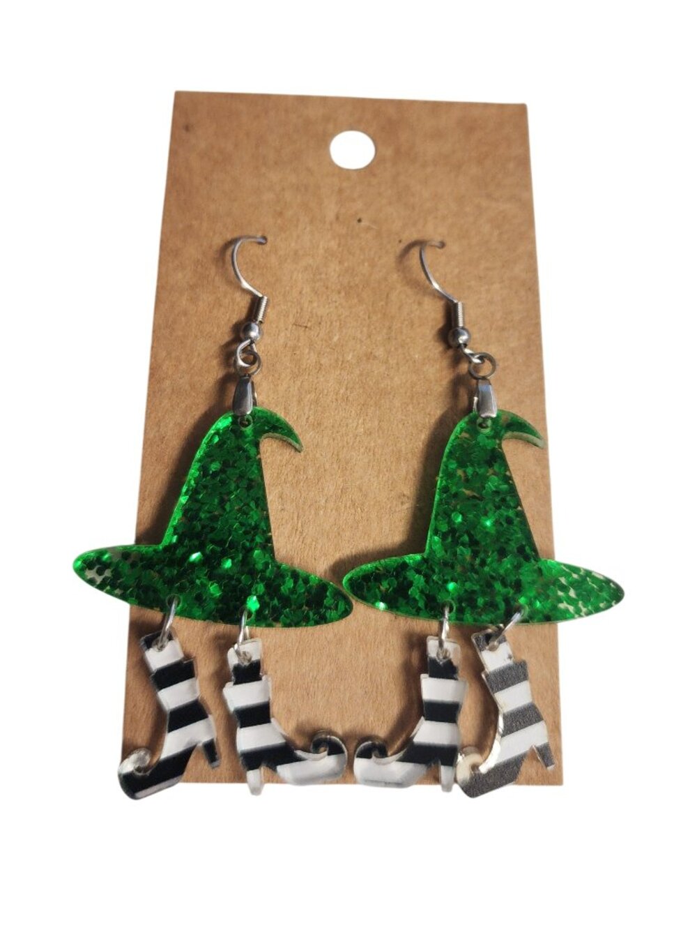 Green Glitter Witch Hat & Striped Boots Acrylic Dangle Earrings